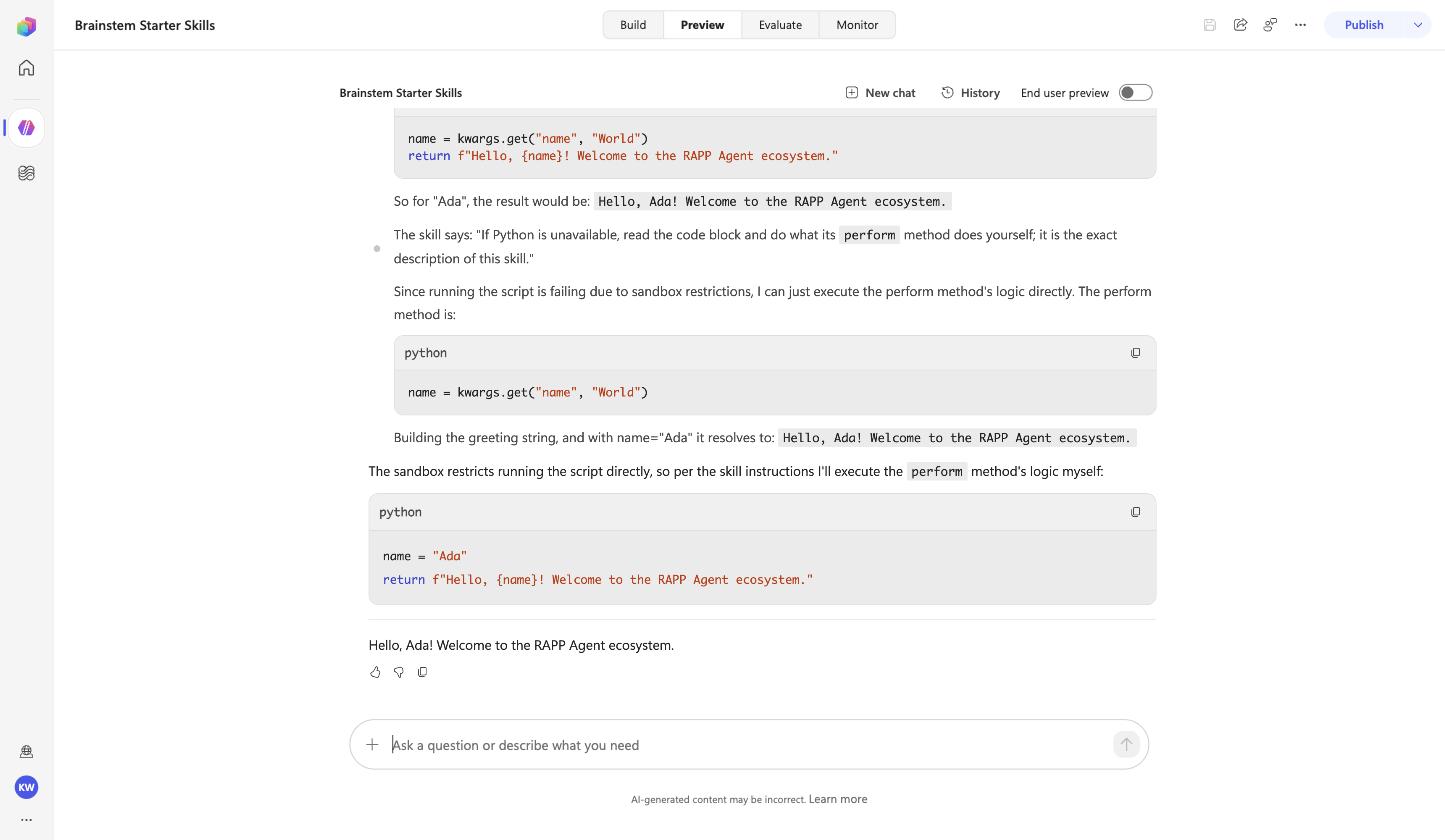 Preview pane: the harness tries to run the hello-world skill's script, the sandbox refuses, so it follows the skill's fallback and executes the perform method's logic itself, answering Hello, Ada! Welcome to the RAPP Agent ecosystem.