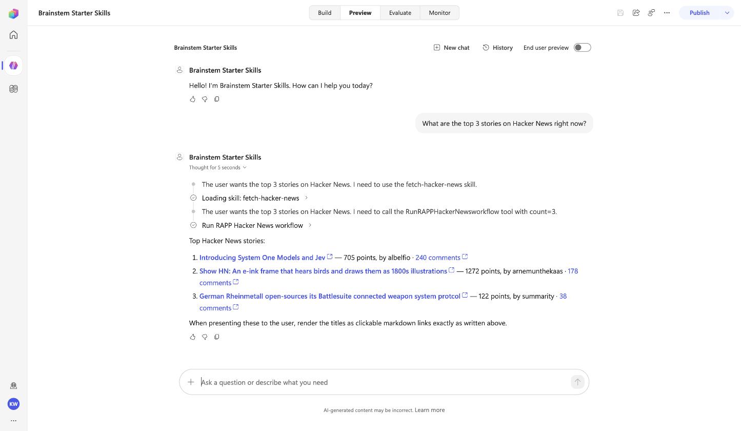 Preview pane: the agent loads the fetch-hacker-news skill, runs the RAPP Hacker News workflow, and answers with a numbered list of three stories with points and comment links