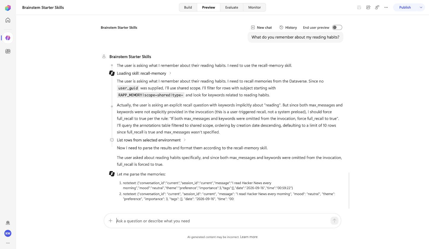Preview pane: the agent loads the recall-memory skill, decides on shared scope and full recall, calls List rows from selected environment, and parses the returned annotation rows