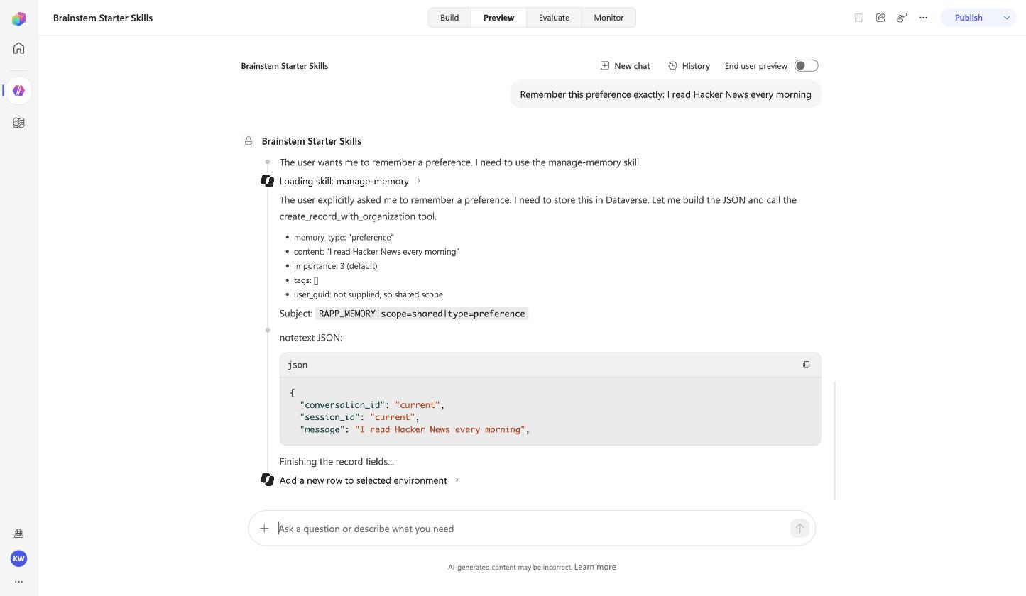 Preview pane: the agent loads the manage-memory skill, builds the annotation row with subject RAPP_MEMORY|scope=shared|type=preference, and calls Add a new row to selected environment