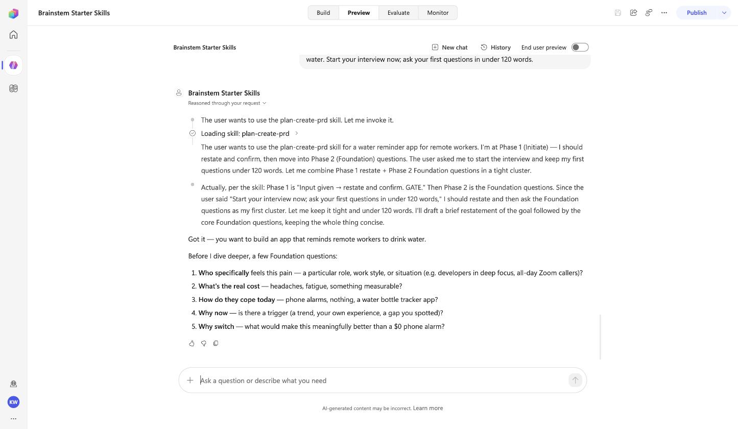 Preview pane: the agent loads the plan-create-prd skill, restates the idea and asks five foundation questions: who specifically, the real cost, how they cope today, why now, why switch
