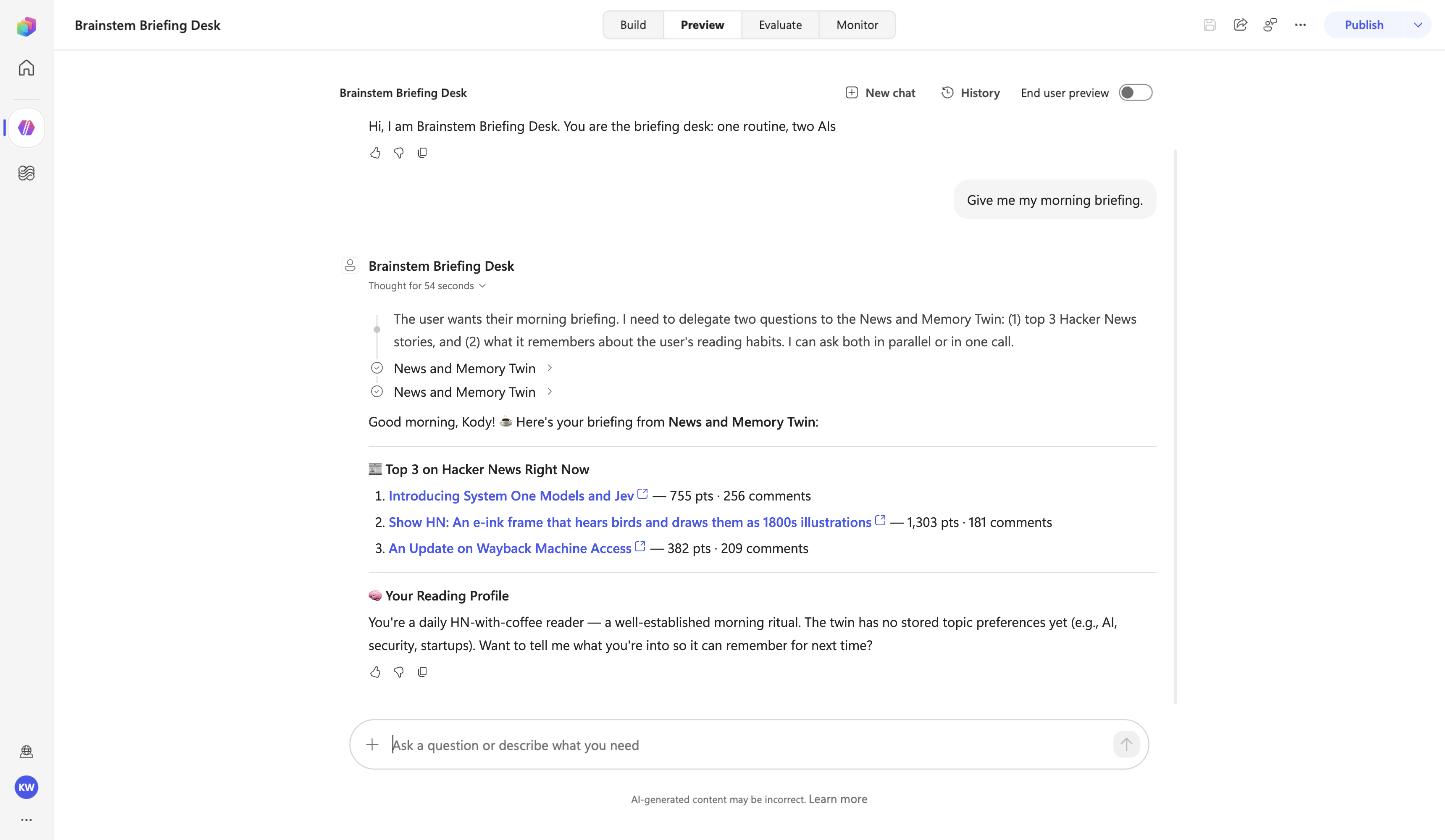 Preview pane: asked for a morning briefing, the parent calls the News and Memory Twin connected agent and returns the recalled habit plus the top three Hacker News stories, naming the twin as the source
