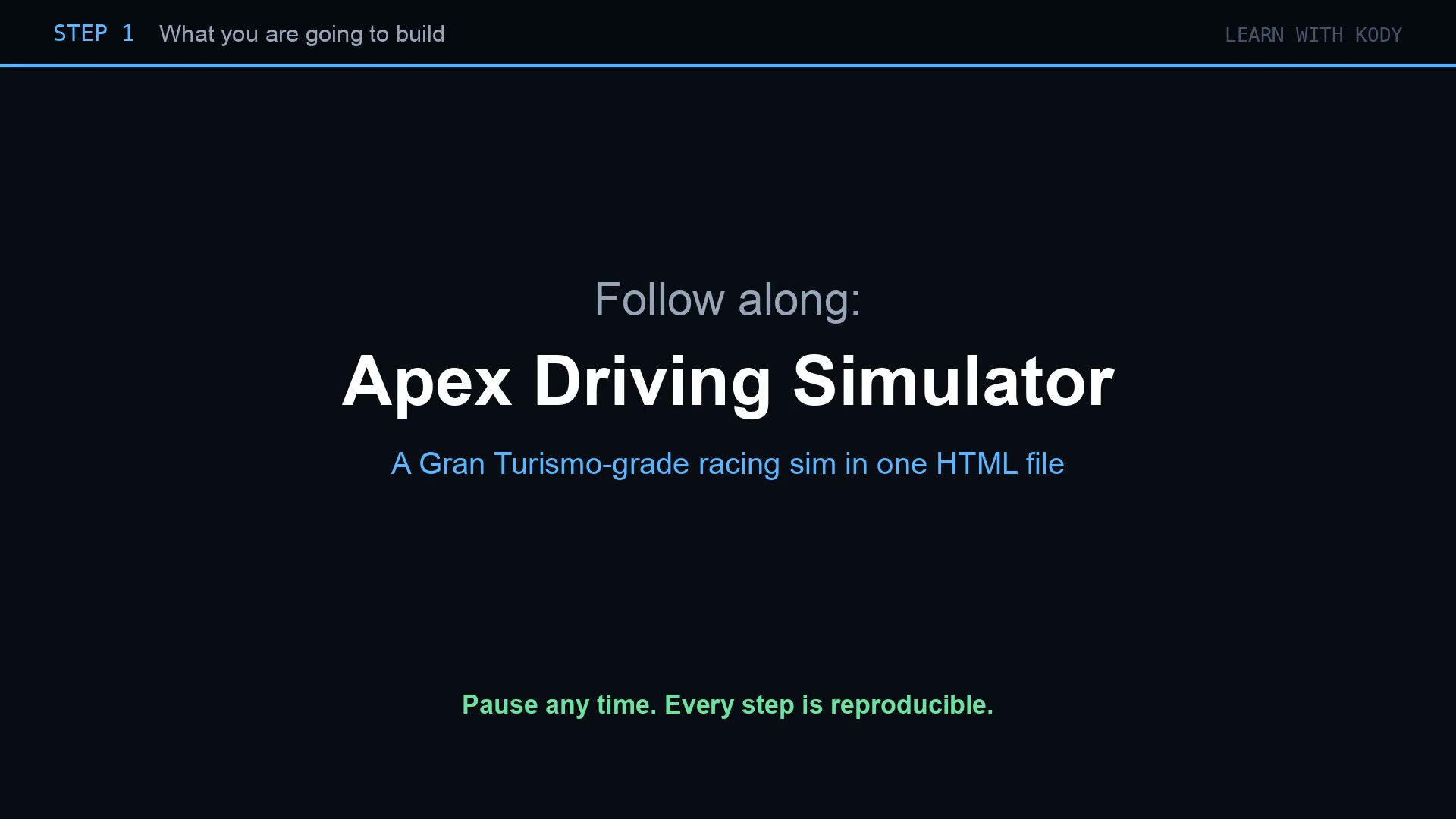 Title card reading Follow along: Apex Driving Simulator, from the Learn with Kody walkthrough