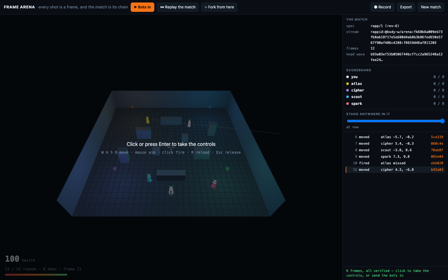 Frame Arena match with players, cover, scoreboard, and causal frame ledger